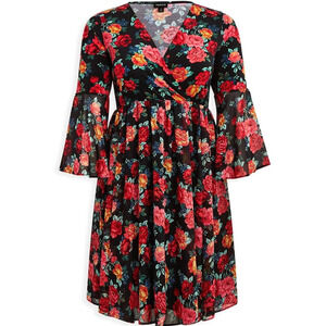 Torrid 4 (4X) Chiffon & Studio Knit‎ Mixed Media Rose Garden Bell Sleeve Dress